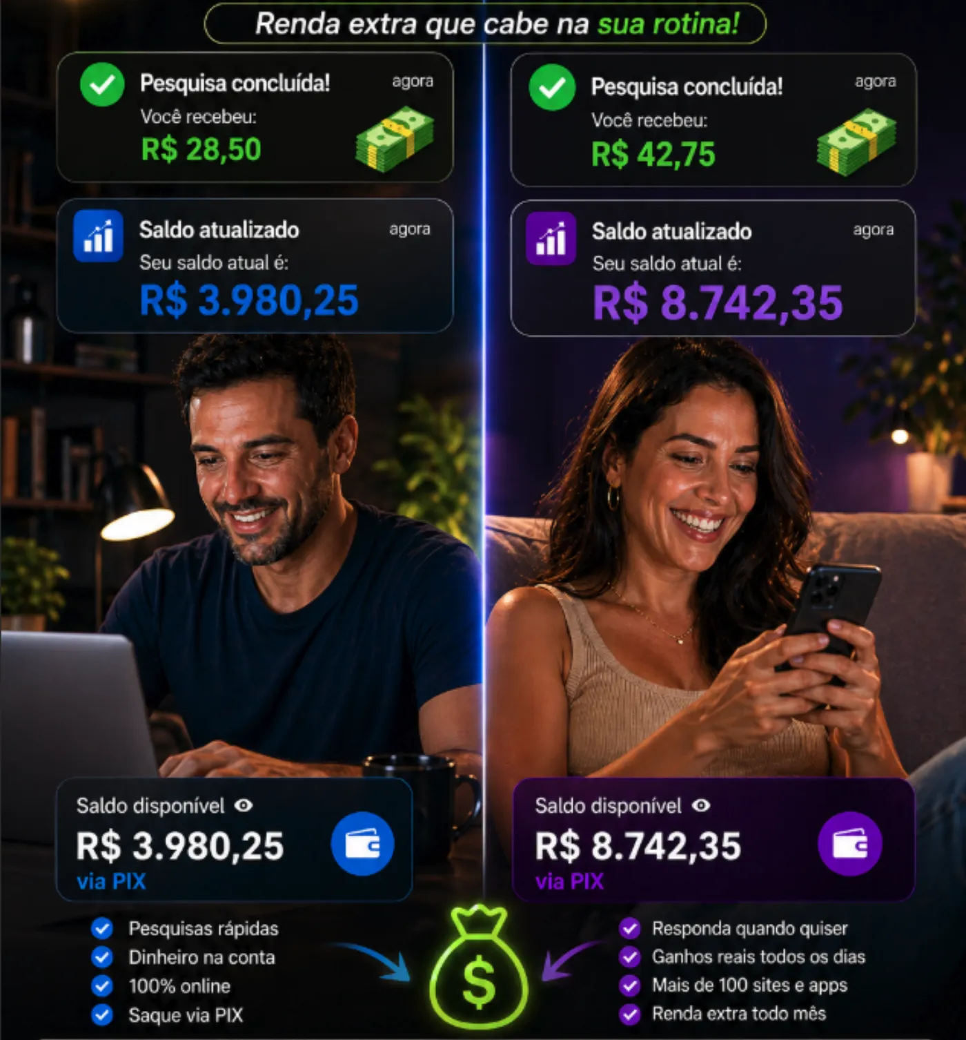 Comparativo de ganhos com PIX via pesquisas remuneradas